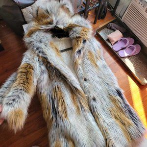 Vegan Fur Coat - Gray and Gold Faux Fur